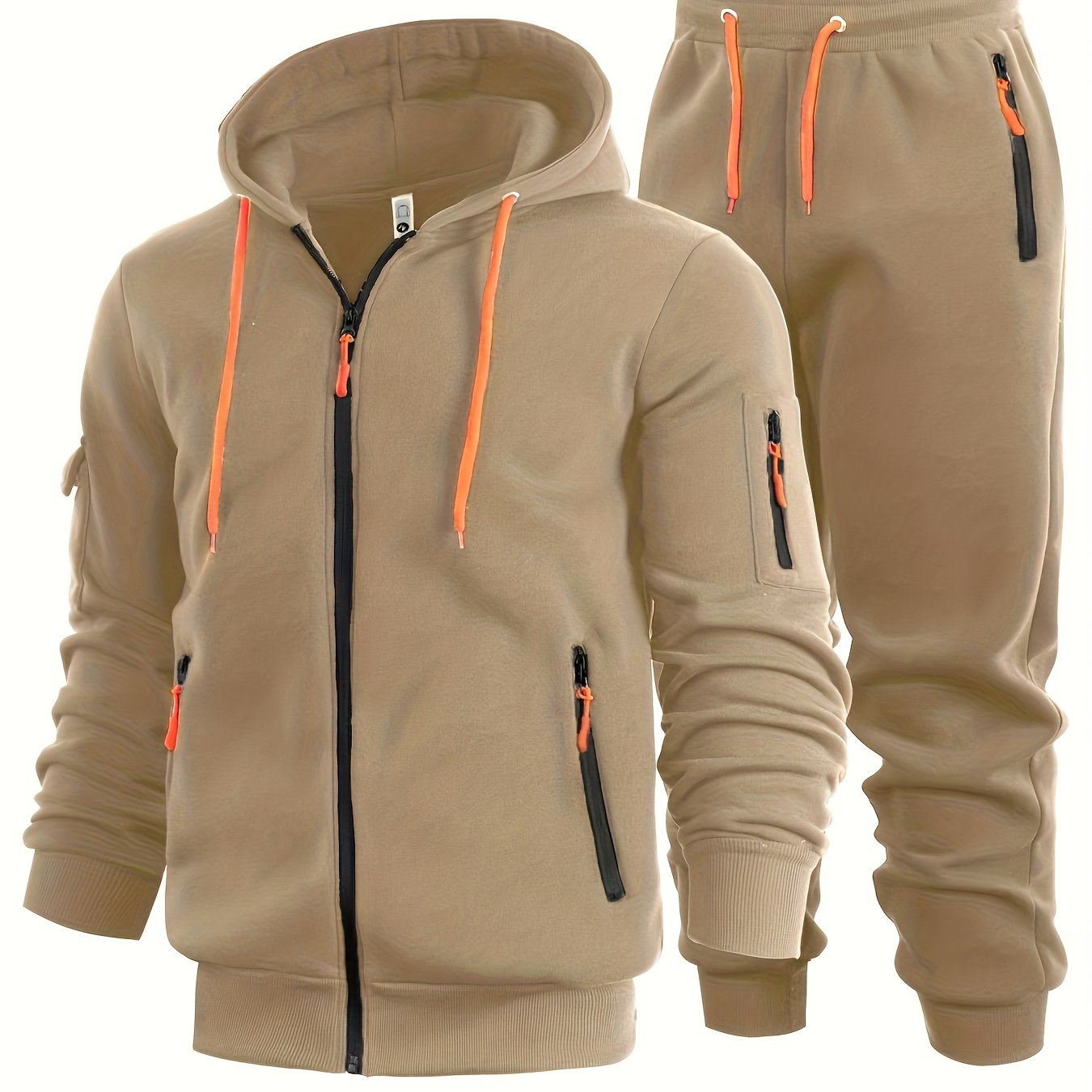 2pcs Men's Solid Color Hooded Long Sleeve Sweatshirt and Jogger Set, Suitable for Spring, Autumn, and Winter Sports Casual Outfit