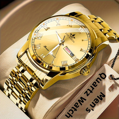 FOURRON Men'S Quartz Watch - Stainless Steel Band, Roman Numerals, Luminous, Waterproof, Ideal for Birthday & Holiday Gifts