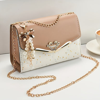 This bag is available in khaki, beige, black, and blue colors. A stylish bohemian beige PU crossbody bag with tassel charm - urban-style flap shoulder bag featuring a metal chain strap, lightweight and portable, ideal for sho