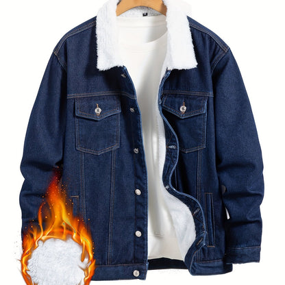Men's Casual Warm Fleece Lined Denim Jacket, Chic Street Style Button Up Jacket for Fall Winter