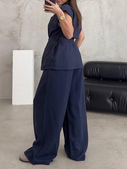 Women's Solid Color Casual Elegant Sleeveless Top and Wide-Leg Pants 2pcs Set
