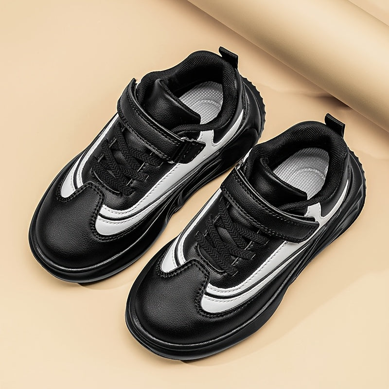Youngsters' Stylish Athletic Footwear - Comfortable Non-Slip Soft Sole Walking Shoes for Boys & Girls, All-Season, Black & White with Hook and Loop Closure