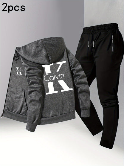 Men's Trendy Autumn/Winter Hooded Jacket and Shirt Two-Piece Set with CK Print, Casual Business Outfit, Youth Leisure Baseball Uniform Stand Collar Suit