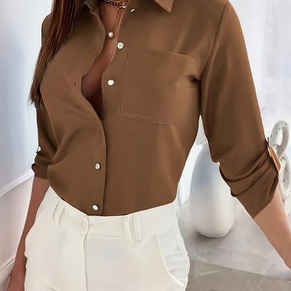 Elegant Solid Color Women's Shirt - Polyester, Button-Up, Non-Sheer, Machine Washable for Spring/Autumn