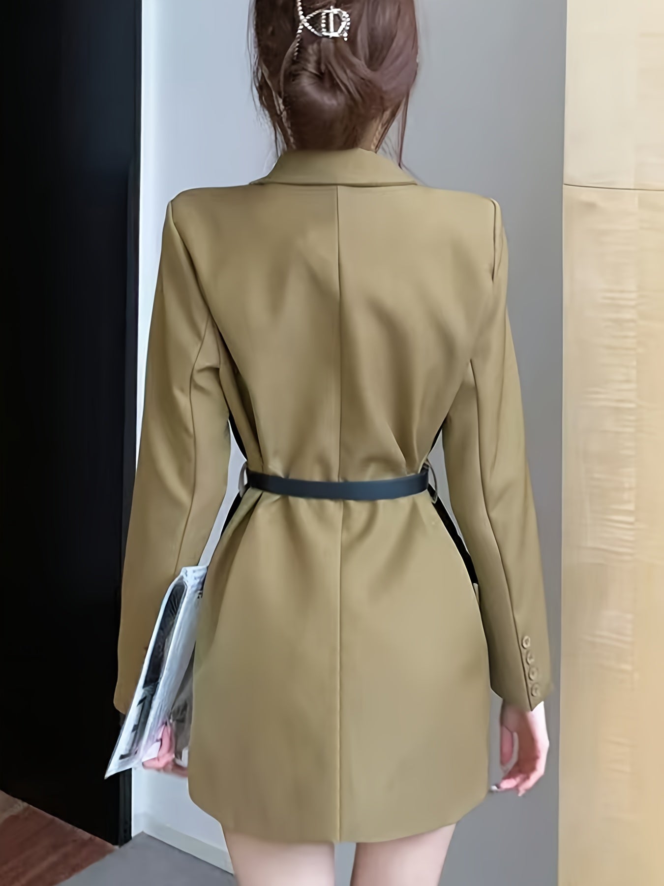 Կանացի էլեգանտ Midi Blazer, միաձույլ գույնի պոլիեսթեր 100% երկարաթև բաճկոն գոտիով դետալներով, X-Contour միայնակ կրծքով վերարկու, գարուն/ամառ նորաձև վերարկու