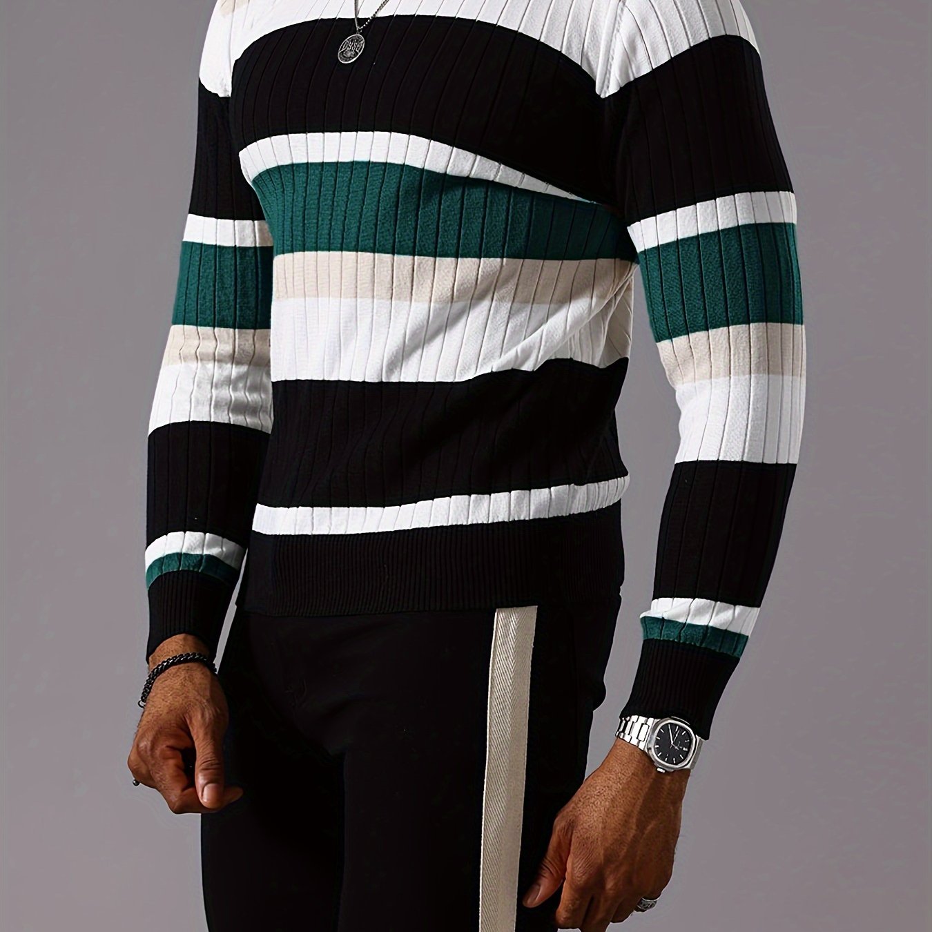 Men's Striped Color-Block Ribbed Knit Sweater - Long Sleeve Round Neck Pullover with Elastic Comfort Fit, Machine Washable Casual Fall Winter Top in Black/White/Green/Beige, Knit Sweater, Medium Elasticity