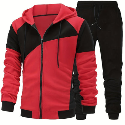 Men's Autumn Color-Blocked Zip-Up Hoodie with Side Pockets And Solid Color Drawstring Long Pants Set.