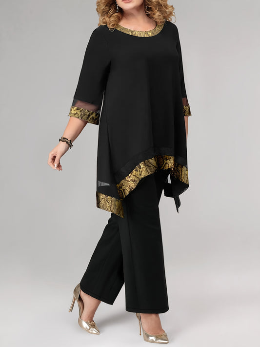 Women'S Fashion Solid Color Mesh Splicing Top Plus Trousers, Two-Piece Suit for Daily Elegance