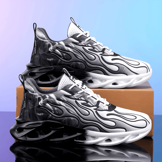 Trendy Black & White Gradient Sneakers - Breathable Mesh, Thick Sole for Height Boost, Fashion Athletic Casual Running Shoes with Flame Design, Perfect for Students & Casual Attire, High Top Sneakers