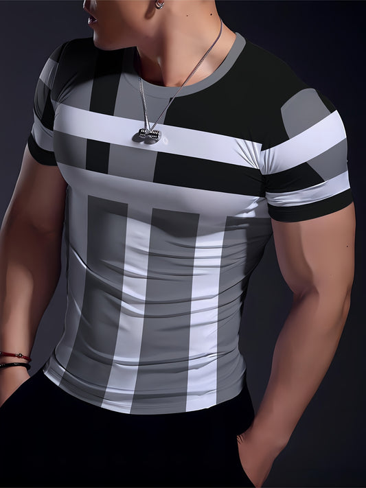 Striped Patchwork Design Pattern Print, Men'S Sports Fashion, Geometric Print High Elasticity Tight Fit Short Sleeved Round Neck T-Shirt, Summer Fitness, Training And Fitness Wear Quick Drying Sports Top with Coolness