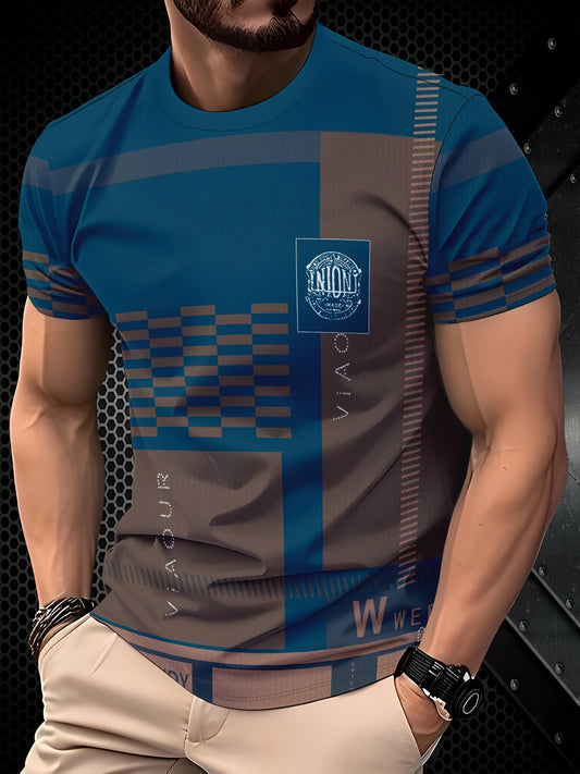 Men'S Navy & Brown Plaid Short Sleeve T-Shirt - "Union" Logo, Casual Crew Neck, All-Season Comfort, Regular Fit, Casual Attire | Plaid Pattern Top | Glossy Finish, PLUS SIZE