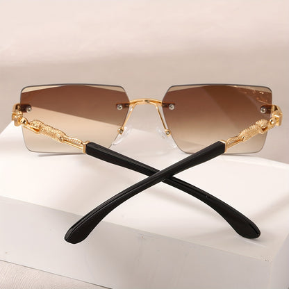 A pair of fashionable glasses with a retro style, featuring rimless leopard print temples and a compact trendy frame