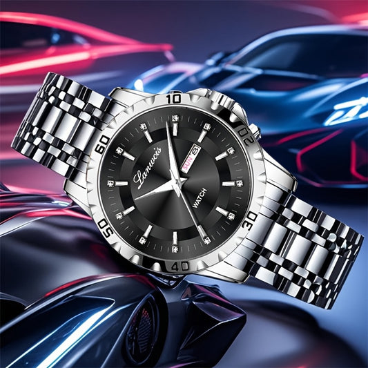 Luxury Men'S Quartz Watch - Sleek Round Dial with Dual Calendar, Luminous, Waterproof, Stainless Steel Band - Ideal Business Gift, Business Gift Watch|Minimalist Timepiece|Luminous Watch Face, Watch Accessories
