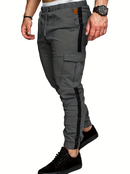 Men's Striped Track Pants With Multi Pockets, Active Drawstring Joggers For Outdoor Activities Gift