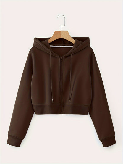 Zip Up Cropped Drawstring Hoodie, Casual Long Sleeve Sweatshirt For Spring & Fall, Women's Clothing
