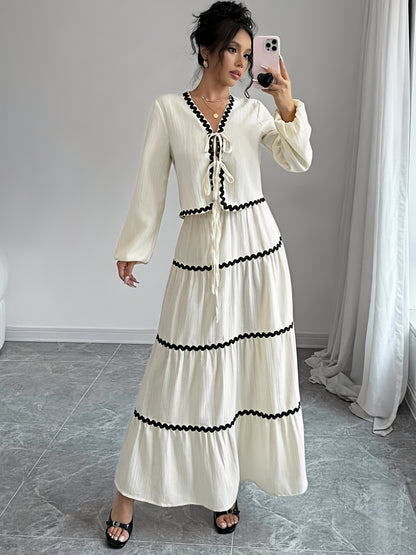 Women'S New Arrival Black and White Ruffled Lace Trim Long Sleeve Shirt with Tie Waist Umbrella Skirt Set, Stylish Elegant Vacation Commute Daily Wear Date Party Two-Piece Outfit Suitable for All Seasons