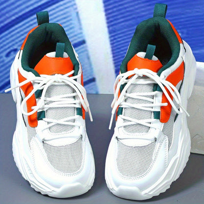 Women's Breathable Mesh Sneakers - Lightweight Lace-Up Sneakers with Contrasting Color Design, White Base with Green & Orange Accents, Perfect for Tennis, Outdoor Activities, and Casual Attire, Casual Sneakers | Casual Sneake