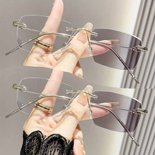 2-Pack, Rimless Photochromic Square Frame Glasses for Man and Woman, Minimalist Design, Ultra-Light Fashion Eyewear, Color Changing PC Lenses, Perfect for Travel & Parties, Gifts for Family and Friends | Non-Prescription Glas