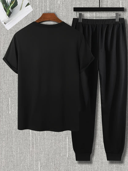 2pcs Set, Men'S Casual Loungewear, Gift, Fashion Print, Round Neck T-Shirt with Drawstring Pants, Outfit