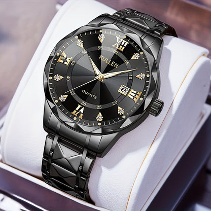 Men'S Business Style Stainless Steel Quartz Watch with Alloy Case, Blue Round Dial & Golden-Tone Accents - Battery-Powered, Non-Rechargeable - Ideal for Valentine'S Day, Thanksgiving, Ramadan Gifts, Business Casual Watch|Slee