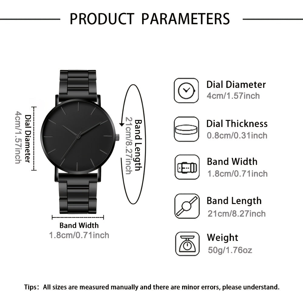 2pcs set, Men's fashionable quartz watch combination package, round dial display, stainless steel strap, zinc alloy case & hands, stylish casual simple business style, especially suitable as Father's Day, Valentine's Day, Ram