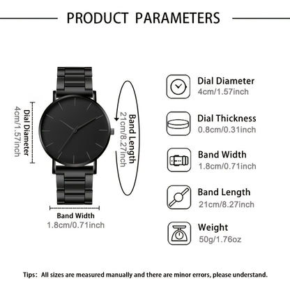 2pcs set, Men's fashionable quartz watch combination package, round dial display, stainless steel strap, zinc alloy case & hands, stylish casual simple business style, especially suitable as Father's Day, Valentine's Day, Ram