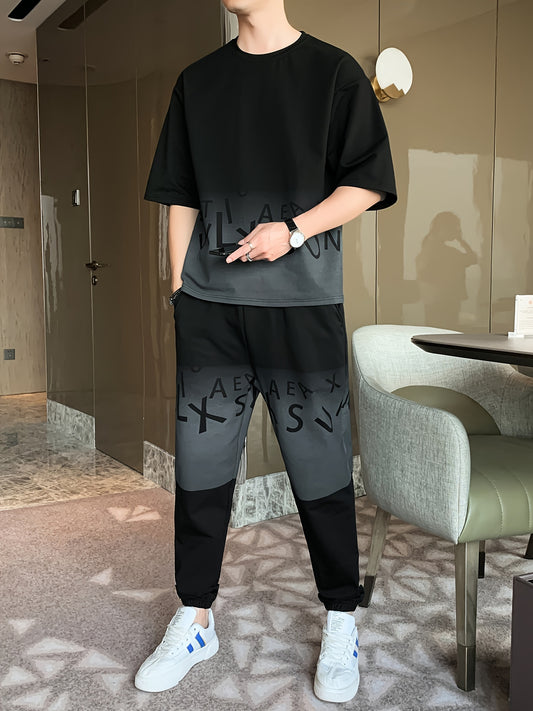 Men's Summer Casual Cotton Blend Outfit Set - Gradient Color Short Sleeve T-Shirt & Stylish Drawstring Shorts, Machine Washable