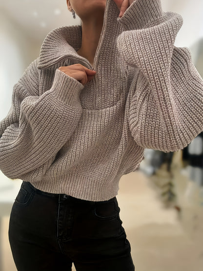 Autumn and Winter Half-Zip Short Fashion Lantern Sleeve Pullover Sweater to Show Your Figure and Versatile