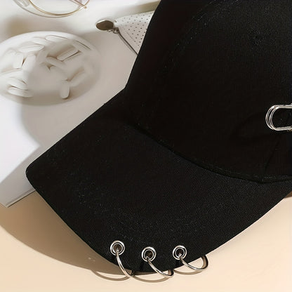 Adjustable Black Polyester Baseball Cap for Women - Trendy Korean Style with Heart & Star Pin, Versatile Fashion Accessory for Spring/Summer, Baseball Cap