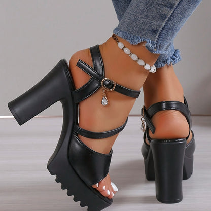 Women'S Summer Fashion Chunky Heel Sandals - White Open Toe with Buckle Strap, Comfortable PU Sole, Stylish High Heel Sandals for Casual Wear, Chunky Heel Sandals