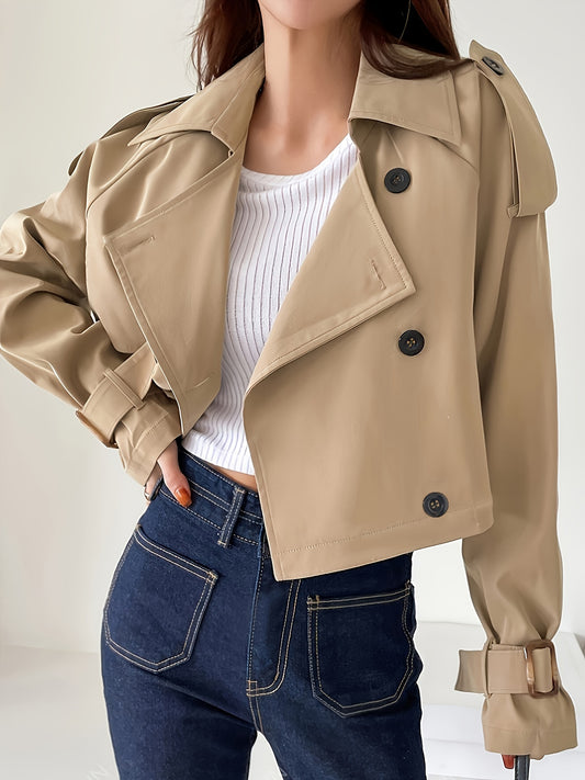 Buckle Cuff Lapel Neck Trench Coat, Stylish Solid Color Crop Long Sleeve Coat For Spring & Fall, Women's Clothing