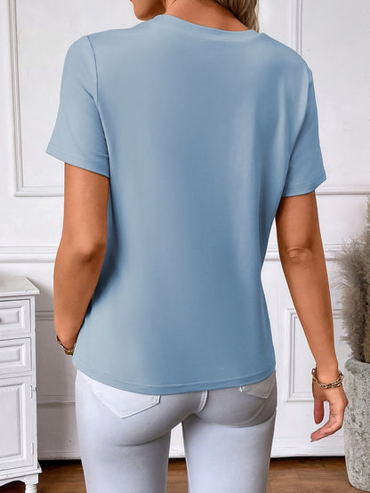 Women'S Beaded Embellished Short Sleeve T-Shirt - Round Neck Casual Top for Spring & Summer, Lightweight Polyester Blend, Elegant Beaded Detailing, Perfect for Casual Attire