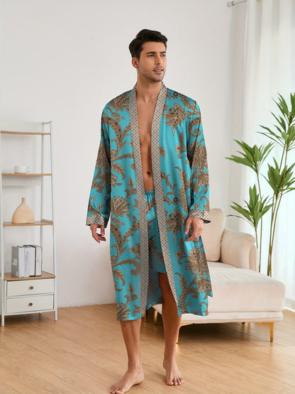 Men's Sleep Robe, Elegant And Light Luxury Pajamas Set, Stylish Gorgeous Floral Print, V-neck Long Sleeve Sleep Robe And Shorts, Sleep Wear Robe Set For Home Wear