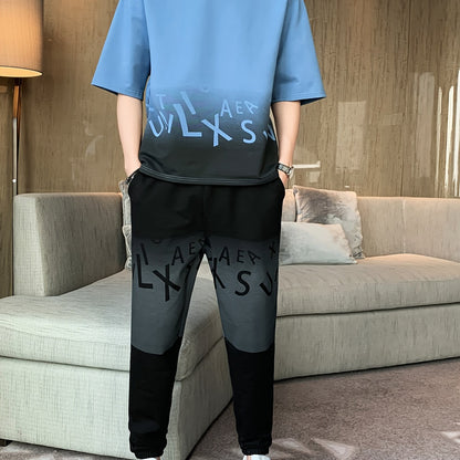 Men's Summer Casual Cotton Blend Outfit Set - Gradient Color Short Sleeve T-Shirt & Stylish Drawstring Shorts, Machine Washable