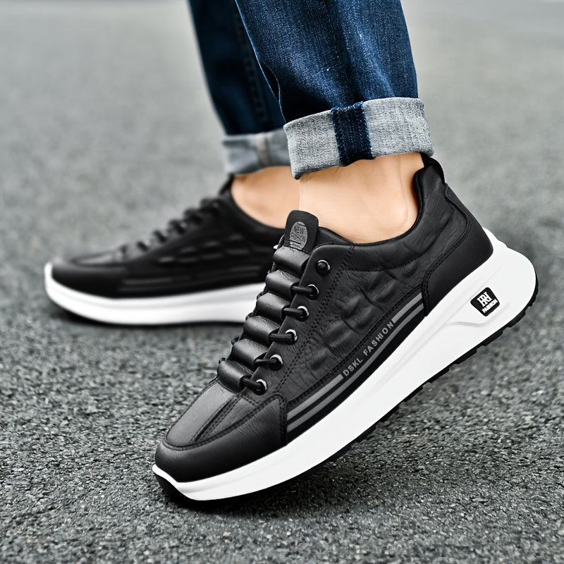 Men's Breathable Casual Sneakers - Comfortable, Versatile & Stylish Shoes for Running, Sports & Casual Attire, Black with White Accents, PU Upper & PVC Sole, Round Toe, Lace-Up Design, All-Season Use
