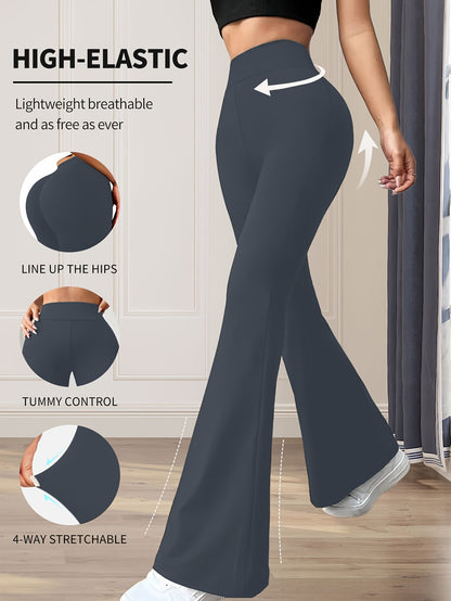 High-Waisted Flared Leggings for Women - Stretchy Black Polyester Pants with Tummy Control, Slimming Fit, and Breathable Design for Spring/Summer/Fall Casual Wear, Spring Summer Leggings | Fitted Leggings | Elastic Waistband