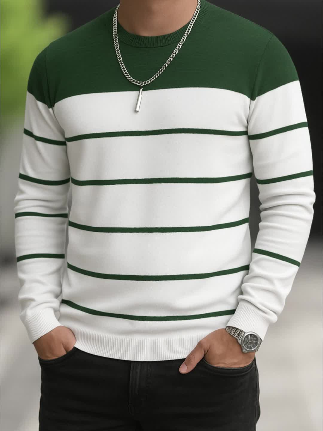 Men's Slim-Fit Striped Knit Sweater - All-Season Business Casual & Casual Attire, Navy Blue/White Horizontal Stripes with Contrast Trim, Round Neck Long Sleeve Pullover, Multi-Color Options (Black/Beige/Light Brown/Navy) - Co