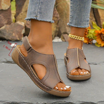 Women's Comfortable Thick-Sole Sandals - Open Toe, Closure, Beige Cover Upper with Stitching Detail, PU Cover Inner Lining, Casual Summer Shoes, Ladies Sandals