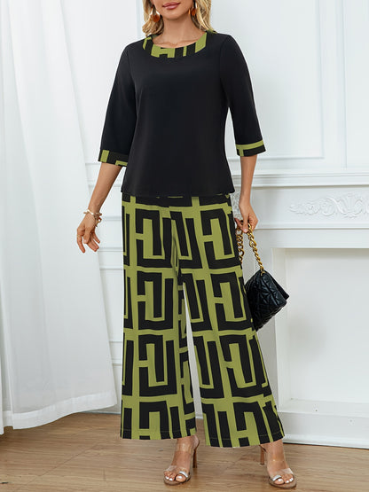 Women's Elegant Spliced Round Neck Top + Geometric Print Wide-Leg Pants Two-Piece Set