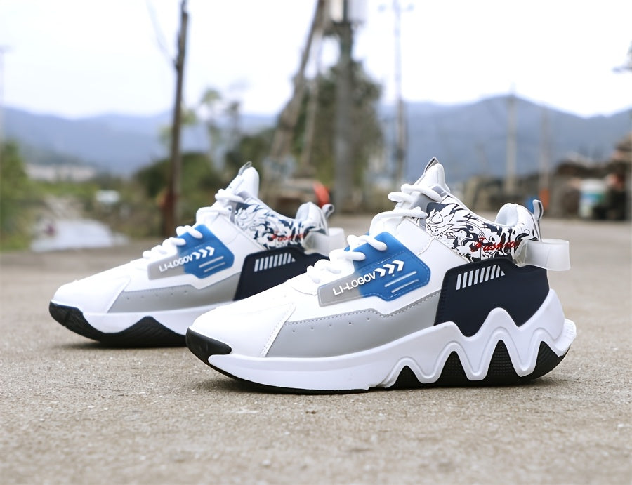 Men's High-Top Basketball Sneakers, Preppy Street Style, Solid Color with Cartoon & Stripes, All-Season Lace-Up Sports Shoes, Faux Upper, Fabric Inner, Rubber Sole, for Running, Hiking & Casual Wear, Outdoor Activities Shoes