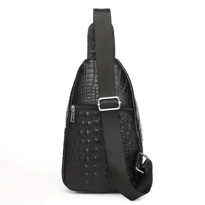 SCHLATUM Genuine Leather Crocodile Pattern Sling Bag - Black, Large-Capacity Multifunctional Crossbody Backpack for Travel, Sports & Camping, Stylish Zipper Closure Design