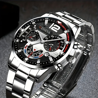 Luxury 8pcs Men'S Gift Set: Stainless Steel Quartz Watch with Calendar, Golden Arrow Necklace, Bracelet & Ring - Elegant Business Casual Accessories for Valentine's, New Year, Easter, Ramadan, Birthdays, Christmas, Halloween