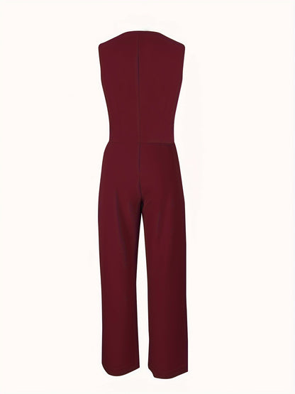 Solid Color Stylish Pantsuits, Button Front Fake Pocket Sleeveless Vest & High Waist Pleated Pants Outfits, Women'S Clothing