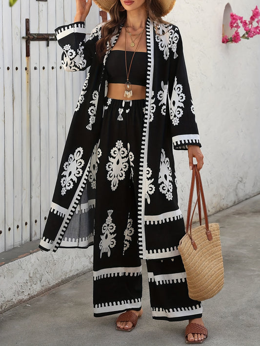 Women's Floral Print Kimono 2pcs Set