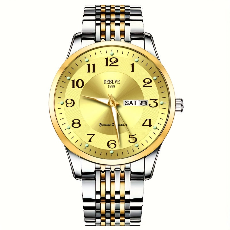 1pc DEBLOVE Men'S Stainless Steel Watch with Red Dial - Date, Calendar, Luminescent Hands & Markers, Quartz Movement, Business Casual Style, Perfect for Travel, Work, and Birthdays, Birthdays Gift|Elegant Watch Design|Quartz
