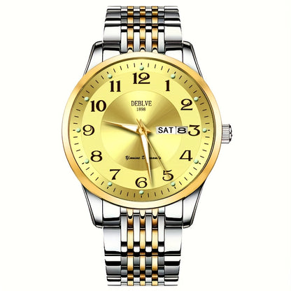 1pc DEBLOVE Men'S Stainless Steel Watch with Red Dial - Date, Calendar, Luminescent Hands & Markers, Quartz Movement, Business Casual Style, Perfect for Travel, Work, and Birthdays, Birthdays Gift|Elegant Watch Design|Quartz