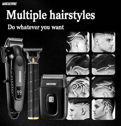 WEEME Men'S Grooming Three-Piece Set Multifunctional Electric Clipper Trimmer with Alloy Stainless Steel Blade Three-Speed Adjustment USB Fast Charging LCD Power Display Ultra-Long Battery Life Essential for Home Travel Car B