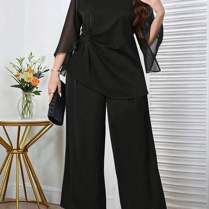 Plus Size, Classic oversized casual solid color 3/4 sleeve twist detail shirt and wide-leg pants set, suitable for daily wear, Women's summer outfits, vacation attire, wedding guest dresses, business casual, office wear, vint