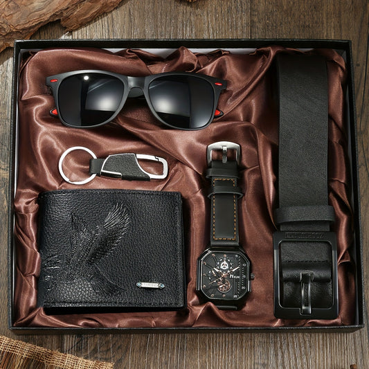 5pcs Men'S Luxury Casual Business Style Gift Set - Black Faux Leather Watch, Fashion Wallet, Everyday Belt, Glasses, Keychain - Ideal for Valentine's, Thanksgiving, Christmas