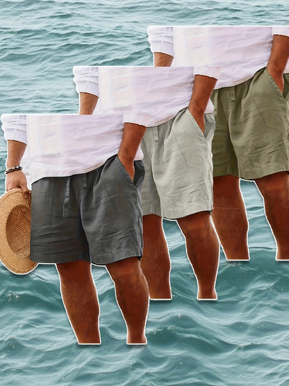 Men's Summer Cotton Drawstring Elastic Waist Straight-Leg Solid Color Breathable Casual Beach Shorts - 3pcs